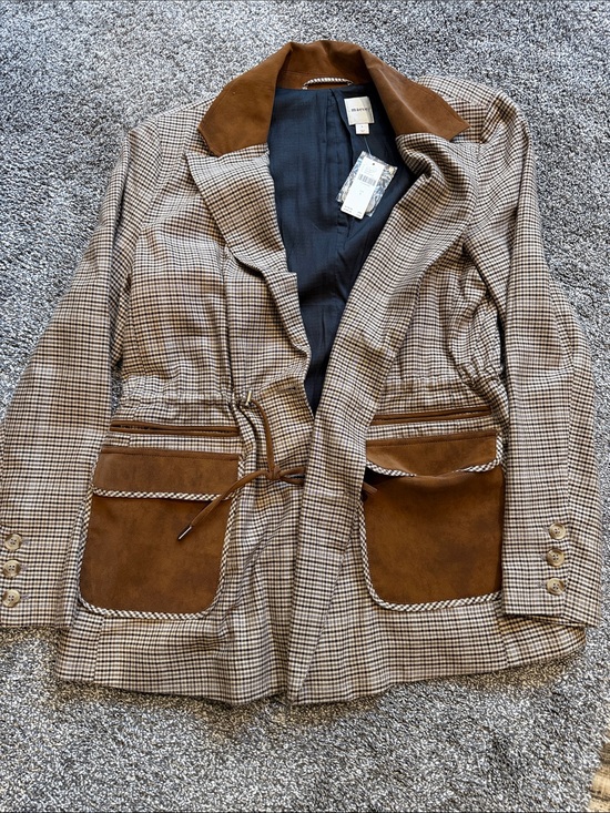 Anthropologie Jackets & Blazers - Brown Plaid Tailored Jacket with Suede Pockets